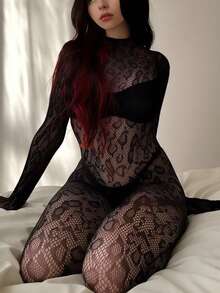 Sexy Lace Leopard Print Bodysuit, Women's Fishnet Tight Bodysuit, Neon Party Nightclub Outfit, Poster Mesh Full Body Carnival Costume Bikini Cover Up - Black - View 2