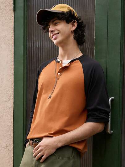 Open Phase Áo thun nam thể thao thường ngày tay raglan phối màu, cài nửa khuy, phong cách retro Mỹ thu xuân hè, áo hè unisex, trang phục mùa hè, phù hợp mặc hàng ngày, dáng rộng thoải mái, trang phục nghỉ hè, phong cách retro Mỹ, unisex, trang phục mùa hè dáng rộng thoải mái – Phù hợp mặc hàng ngày và trang phục nghỉ hè.