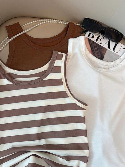 Bộ 3 áo tank top không tay cho bé gái, thoáng khí, kiểu dáng mùa hè, trang phục đi học, áo sơ mi, áo thun, quần áo trẻ em cho tháng Ramadan