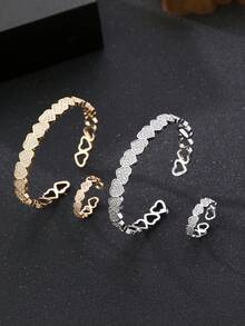 1 Set, Pulsera y anillo de mujer con forma de corazón de circonita cúbica, elegante y de moda, pulsera chapada en oro, pulsera chapada en plata, opciones de doble color, accesorios para las manos, joyería, adecuado para uso diario, regalo ideal para el Día de San Valentín, distribución de Ramadán, cocina de Ramadán, regalo de Eid Al-Fitr, obsequio de Eid Al-Fitr - Amar - Ver 1