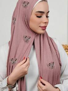 1 pieza Elegante pañuelo de hijab rectangular de jersey elástico con rayas y adornos de strass - Multicolor - Ver 7