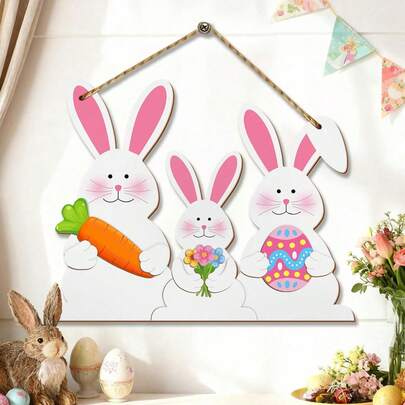 1pc 3D Wooden Easter Decoration Rabbit Door Wreath For Front Door Sign Wall Signs Spring Decoration, Bunny Sign Welcome Hanging For Home Wall Decor Party Outdoor Indoor Supply Happy Easter