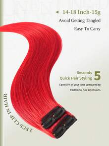 DNE HAIR Farbige Clip-In Haarverlängerungen 100% echtes Menschenhaar Farbe ROT# 2 Stück mit 4 Clips, gerade, farbige Highlights, bunte Haarverlängerung für alle Haartypen und Modebewusste - SRed - Übersicht 3