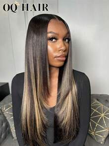OQ 200% Density 16-24 Inch High Gloss Color Pre-Cut 7x5 Transparent Lace Front Straight Hair Layered Cut Glue-Free Wearable Wig Pre-Trimmed Hairline Human Hair Low Shedding Seamless Invisible - SNATURAL/27 - View 2