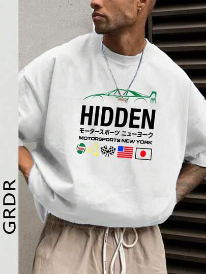  GRDR Herr Street American & Japanese Tuning Culture Element Printed Kortärmad T-shirt, Bekväm & Andningsbar, Lämplig För Sommaren, Ledande Mode