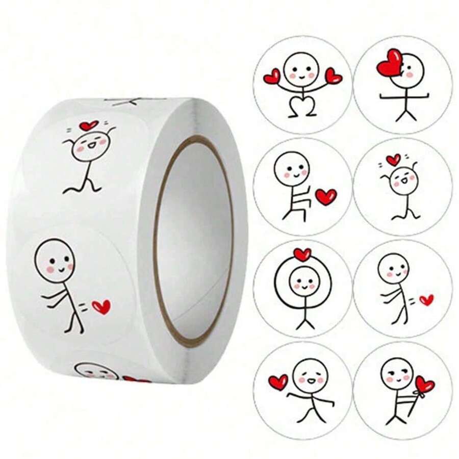 500pcs/Roll Matchstick Cartoon Creative Round Stickers, Cute Cartoon Design Self-Adhesive Decorative Stickers - A - 查看 1