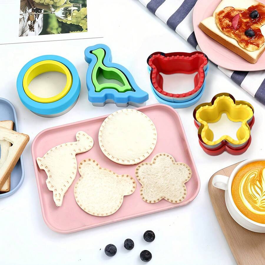 4pcs Sandwich Cutter Molds, Sandwich Cutters, Cookie Cutters, Fruit & Vegetable Shaped Cutters, Bento Box Food Picks, Creative Dinosaur, Flower, Bear Shaped Molds, Suitable For Bento Box, Holiday Baking, Home Kitchen, Birthday Party, Breakfast, Picnic, Camping, Baking Molds, Back To School, Kitchen Tools, DIY Breakfast Baking Molds