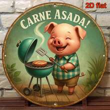 Tấm trang trí tròn 2D kiểu cổ điển 8"x8", phiên bản Tây Ban Nha, với chủ đề "Heo con quay" nướng BBQ, thích hợp để tăng thêm không khí ấm cúng cho nhà bếp, phòng ăn, khu vực nướng ngoài trời, quầy bar. Vị trí lỗ ngẫu nhiên. - A - Xem 5