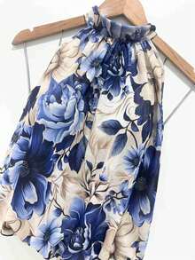 Stylish Women's Floral High Neck Blouse - Royal Blue - View 2