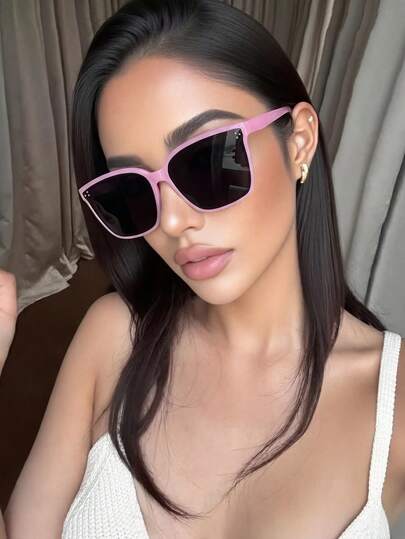 Pink Retro Square Oversized Plastic Sunglasses, Classic Style For Outdoor Travel Beach Vacation Casual Wear, Summer UV Protection Driving Glasses