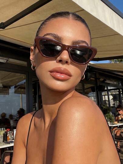 Brown Retro Cat Eye Plastic Sunglasses, Classic Design For Outdoor Travel Beach Vacation Casual Wear, Summer UV Protection Driving Glasses Unisex