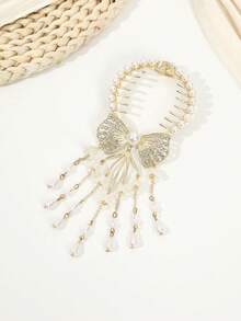 1件装女士珍珠水钻蝴蝶花朵发夹，优雅新娘婚礼派对发饰 - 金色 - 查看 5