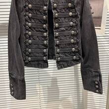 Chaqueta corta de mezclilla lavada con diseño de hebilla de costillas de metal clásico - Negro - Ver 6