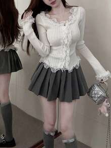 Lace Trim Fitted Knit Cardigan - White - View 7