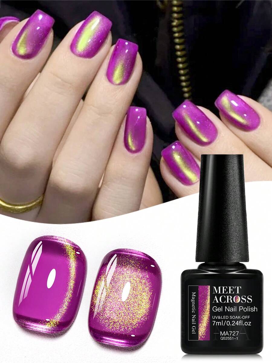 MEET ACROSS 1pc 7ml Jelly Colored Stone Cat Eye Gel Nail Polish, Gold Light Ultral Shine Gradient Magnetic Semi Permanent Soak Off UV Gel Varnish For Summer Nails, Manicure Nail Art Degign For Home And Salon Nail Supplies - 彩色 - 查看 1