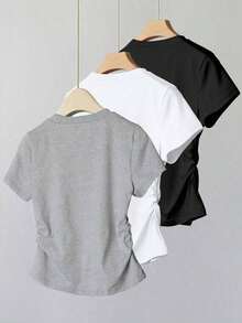 A Simple Solid-Color Short-Sleeved T-Shirt Set For Women, Suitable For Daily Wear And Easy To Match With Various Outfits. Includes 1 Piece - Multicolor - View 2