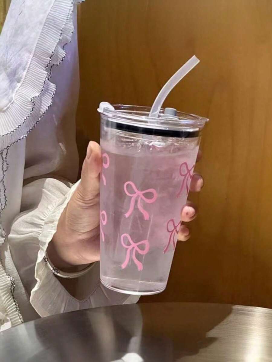 1pc,Cute Pink Bow Reusable Plastic Tea Cup With Lid And Straw,Watar Bottle For Men And Wowen,Office&School& Birthday&Party