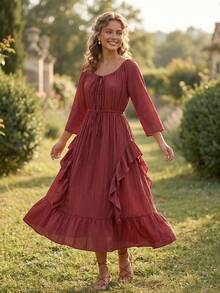 Women's Fall Ruched Dress Elegant Solid Color Long Sleeve Scoop Neck Loose Fit Dress For Daily Event Wear - Red - View 2