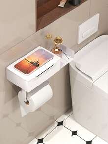 1pc Bathroom Tissue Paper Holder With Shelf, Wet Wipes Storage Rack, Wall-Mounted Toilet Paper Roll Dispenser, Bathroom Accessories - Multicolor - View 9