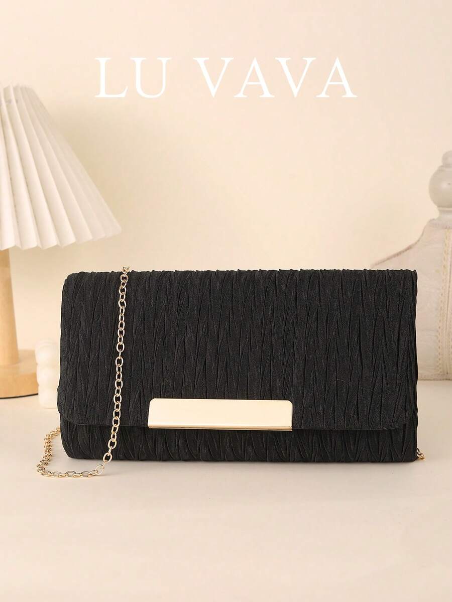 2026 Quiet Luxury Pleated Clutch – Textured Satin Evening Handbag With Black Bar Closure | Wedding, Gala & Date Night Essential (Fits Phone + Lipstick) - Black - View 1