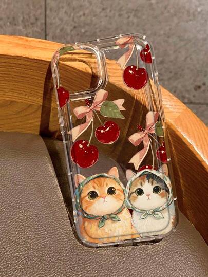 Cute Turban Cat With Cherry Transparent Pattern Print Full-Body Protection Shockproof Anti-Fall TPU Soft Rubber Phone Case Compatible With IPhone 13/11/17/17pro/16/14/15/15pro/15 Plus/15 Promax/7plus/8plus/X/Xs Max/Xr/11pro/12pro/13pro/14pro/12mini/13mini/11promax/12promax/13promax/14promax/14plus/17pro Max/17Air/6/6s Plus/7/8/16Pro/16plus/16promax/Se2/17promax&Compatible With Samsung Galaxy/A54/A14/A12/A13/A15/A32/A33/A24/A52S/S20/S21/S22/S23/S24/S23Plus/S24ultra/S25/A15/A33/A23