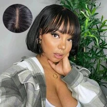 Short Black Hair Glueless Bob Wig With Airy Bangs Human Hair 4X4 Closure Wig Ready To Go Bob Wig, Wear Go Pre Cut Pre Plucked Glueless Closure Wig Layered With Fringe Bangs - SNatural - View 1