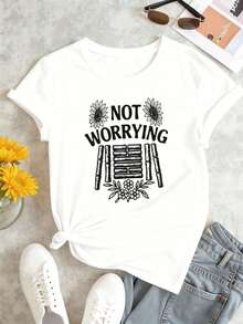 ropa de mujer Camiseta gráfica floral "No te preocupes" con cuello redondo, corte holgado, estilo hip-hop urbano, ajuste cómodo, estampado gráfico único, blusa de mujer - Blanco - Ver 3
