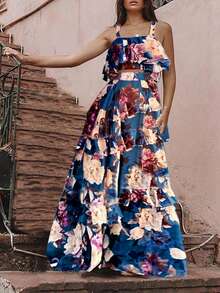 女士春夏波西米亚风沙滩度假印花吊带背心搭配松紧腰长裙两件套，荷叶边吊带背心和长裙波西米亚休闲套装，沙滩裙 - 中等水洗藍 - 查看 5