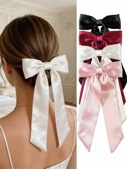 4pcs Women Elegant Satin Ribbon Bow Hair Clips Set, Suitable For Daily, Party, Styling, Minimalist Chic Hair Accessories