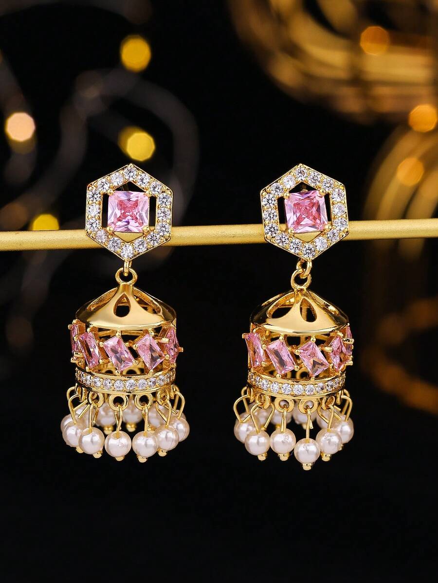一对优雅的Jhumka耳环，镶嵌锆石和珍珠流苏，创意圆柱形耳坠，宝莱坞风格奢华Jhumki耳环，适合女孩、女士日常、节日、婚礼和派对佩戴/珠宝礼品 - Classic - 查看 1