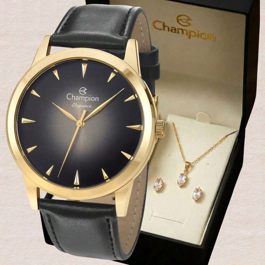 Relógio Champion Feminino Analógico Dourado CN20828K + Kit Colar e Brinco - Dourado - Visão 1