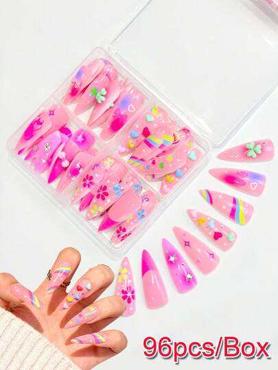 96PCS Y2K Pink Gradient Stiletto Nails With Rainbow And Floral Charms Nails Press On - 96pcs/Box Sweet Girly Press-On Nails With 3D Rhinestone And Star Accents Fake Nails - Vibrant Long False Nails For Spring Summer Vacation Vibe,Gift,New Years,Nails Press On