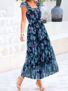 Women's Summer Mid-Length Dress Casual Sleeveless Pleats Ruffled Tulle Flowing New Year Party Wedding Guest Graduation Sundress - 藏藍底藍花 - 查看 5