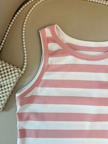 3pcs Tween Girl Sleeveless Tank Top Set, Breathable Casual Summer, Back To School, Spring, Summer, Autumn, Winter, Striped, American Style - Pink - View 6