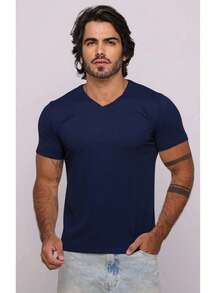 Men's Basic V-Neck T-Shirt, Navy Blue, Cool Knit, Versatile, Comfortable, Perfect, High Quality, On . - Navy Blue - View 3