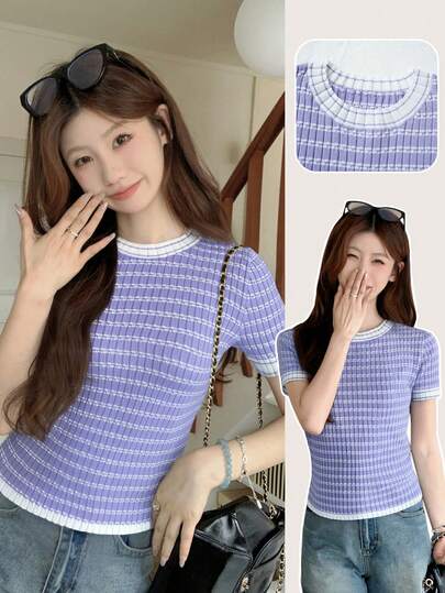 夏季韩版休闲优雅短袖T恤，紫白撞色条纹针织女款