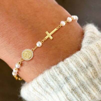 1pc Fashion Vintage Multiple Styles Mary Mama Cross Artificial Pearls Bead Chain Bracelets For Women