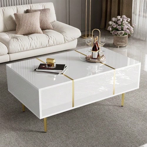 White Couchtisch Mit Hochglanz, Modern And Schlicht, Mit 2 Schubladen - White - View 1