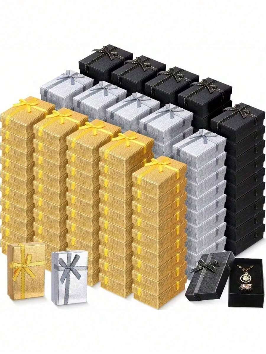 小型空白首饰礼盒，批发首饰包装盒，带蝴蝶结的纸质首饰盒，适用于戒指、项链、耳环、手镯和其他首饰 - 黑色 - 查看 1