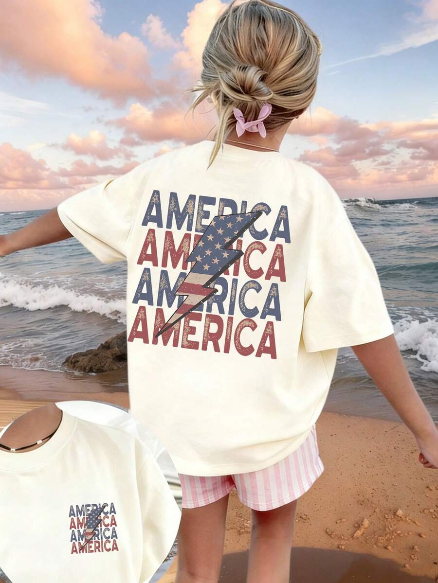 Camiseta de manga corta y cuello redondo con estampado divertido para niñas preadolescentes, top de verano - Albaricoque - Ver 1