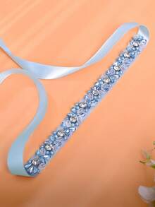 1pc Fashionable Minimalist Wedding Dress Belt, Handmade Banquet Dress Waist Decor, Suitable For Daily Wear And Important Festivals, Light Blue Crystal - Light Blue Ribbon - View 7