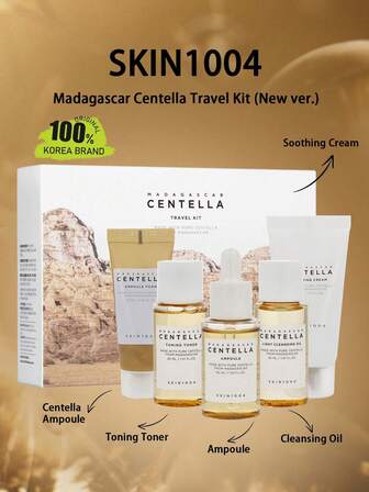 SKIN1004 马达加斯加积雪草旅行套装，轻盈乳液质地，舒缓霜，卸妆油，安瓶洁面泡沫，基础护肤盒，小巧便携，礼盒装，韩国化妆品，30毫升/1.01液盎司*4 + 20毫升/0.67液盎司