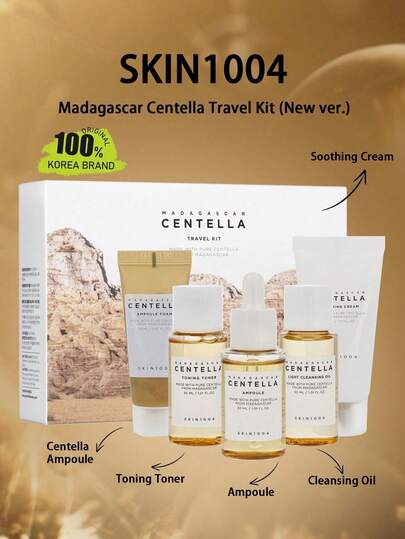 SKIN1004 馬達加斯加積雪草旅行套組，輕盈乳液質地，舒緩面霜、卸妝油、安瓶泡沫，基礎保養盒，輕巧尺寸，禮品套裝，韓國化妝品，30ml/1.01fl Oz*4 + 20ml/0.67fl Oz