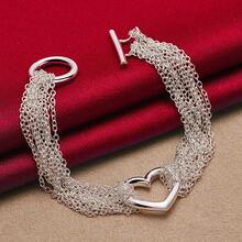 Pulsera de cadena de múltiples líneas con corazón plateada en plata de ley 925 para mujer y hombre, joyería para boda, compromiso y fiesta - Plateado - Ver 5