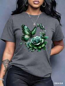 Women'S Casual Crew Neck T-Shirt With Purple Rose And Butterfly Graphic Print,Ideal Birthday Or Holiday Gift, White And Navy The-Shoulder Cropped Top - 灰色 - 查看 3
