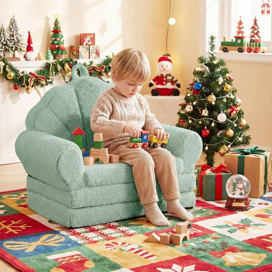Fold-Out Kids Sofa 2-In-1 Convertible Toddler Couch & Lounger With Non-Slip Base Beige/Green/Pink - 綠色 - 查看 1