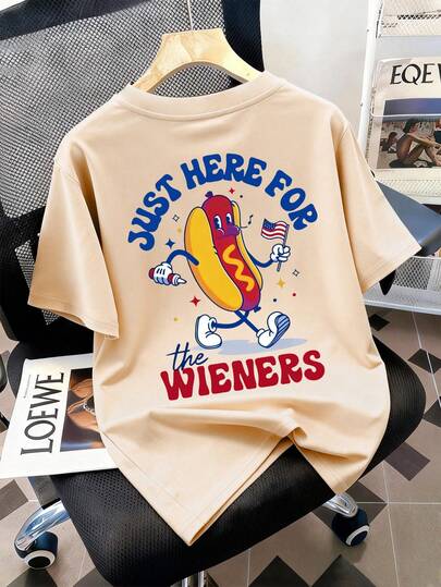 卡通热狗印花短袖T恤，休闲宽松版型，运动风圆领T恤，适合青少年女孩，是夏季上学和户外活动的完美礼物，适合春夏穿着。