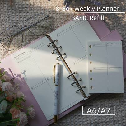 40 แผ่น A6/A7 8-Box กระดาษเติมสมุดแพลนเนอร์รายสัปดาห์, กระดาษเรียบพรีเมียม 120g, 40 แผ่น / 80 หน้า, สำหรับสมุดโน้ตห่วง 6 รู, สำหรับสมุดบันทึก, สมุดโน้ต, ตารางเรียน, ตัวติดตามนิสัย, แพลนเนอร์