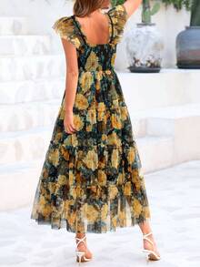 Women's Summer Mid-Length Dress Casual Sleeveless Pleats Ruffled Tulle Flowing New Year Party Wedding Guest Sundress - 黑底黃花色 - 查看 2