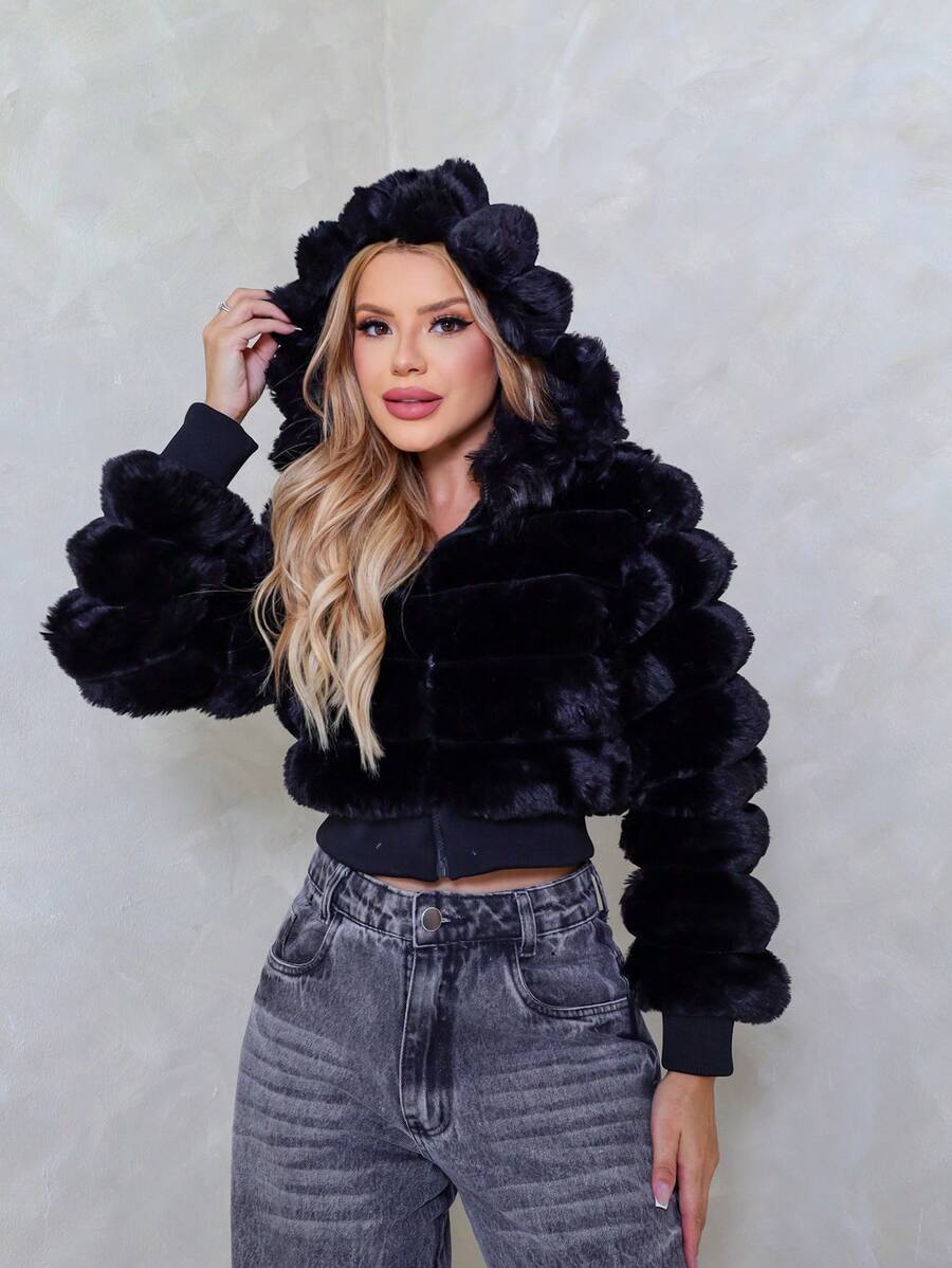 Premium Teddy Fur Puffer Jacket - màu đen - Xem 1